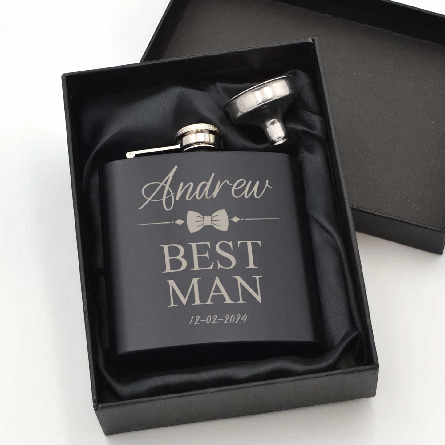 Personalised Bow Tie 6oz Black Hip Flask