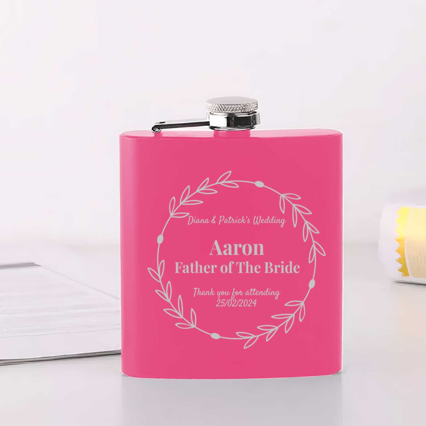 Personalised Floral Wedding 6oz Steel Hip Flask