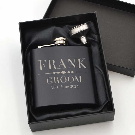 Personalised Wedding 6oz Black Hip Flask 6oz Custom Name & Date