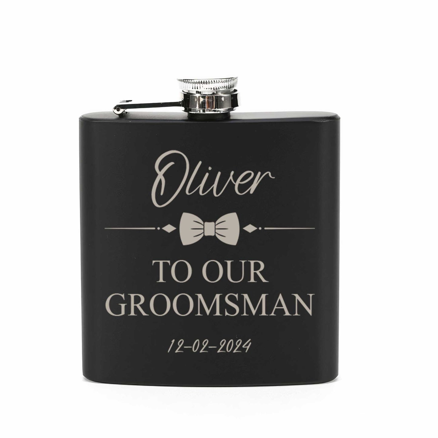 Personalised Bow Tie 6oz Black Hip Flask