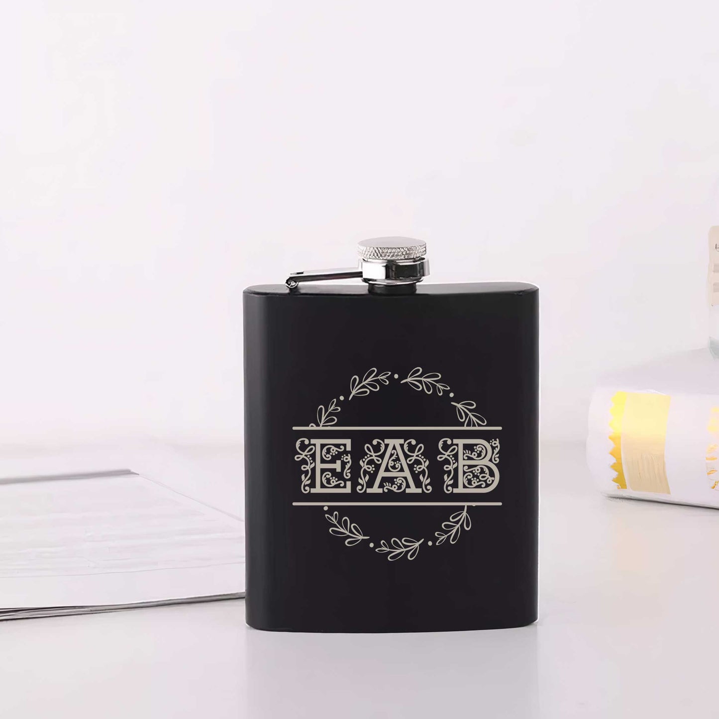 Custom Engraved Stainless Steel Hip Flask Monogram Initial Flask 6oz - FLUX DESIGNS