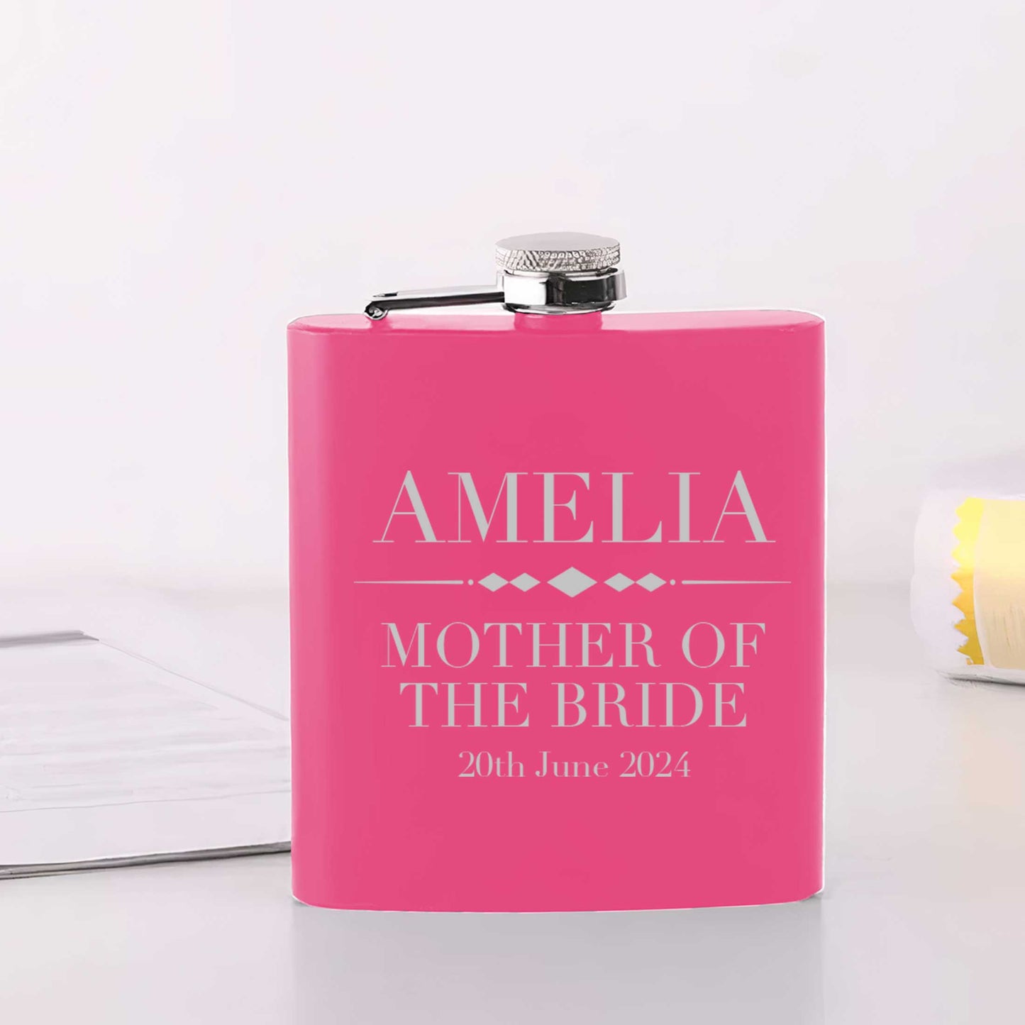 Personalised Wedding 6oz Pink Hip Flask 6oz Custom Name & Date